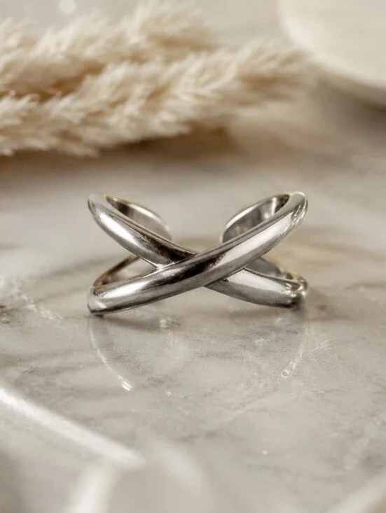 Sterling Silver Criss Cross X Ring Adjustable Crossover Band Minimalist Dainty