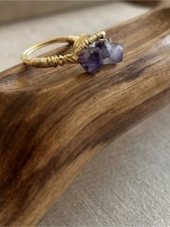 Gold Wire-Wrapped Amethyst Ring - & Rose  quartz Purple Gemstone size 8