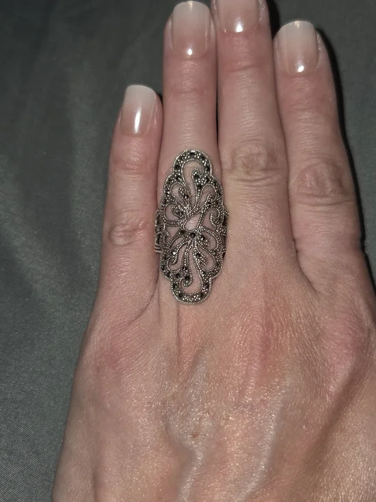 Filigree Marcasite Elongated Statement Ring - Silver Tone