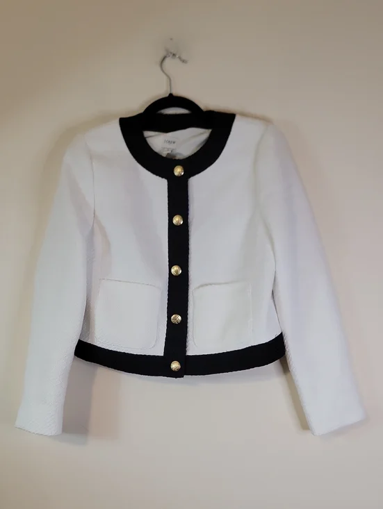 J. Crew White Bouclé Jacket with Black Trim and Gold Buttons