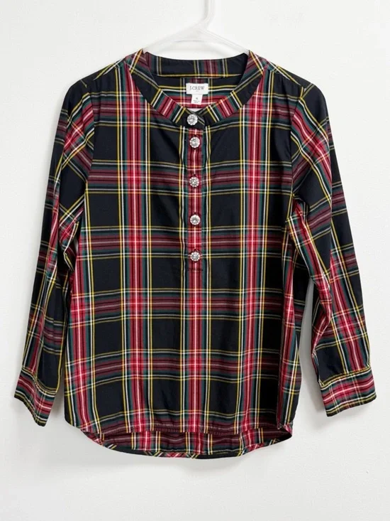 J Crew Plaid Popover Shirt Womens Small Multicolor Plaid Rhinestone Buttons