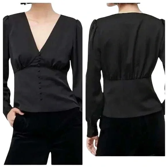 J. Crew‎ Womens 4 Black Satin Button Front Blouse