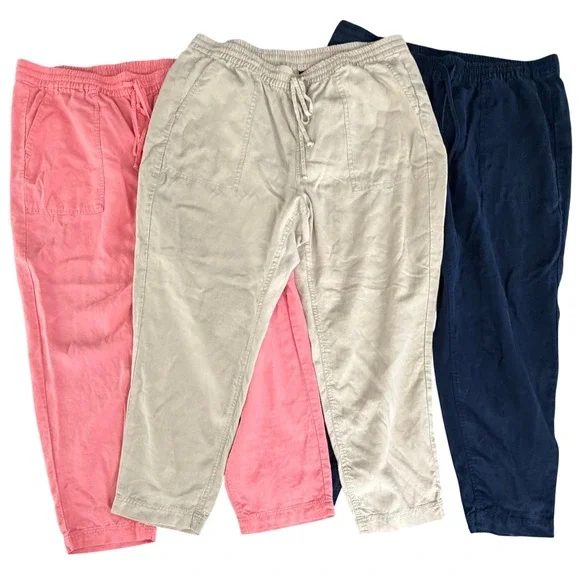 J Crew Linen Blend Seaside Pants Bundle 3 Pairs XL‎ Drawstring Pink Navy Beige