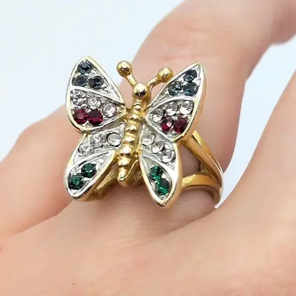 Vintage 3D Butterfly Ring 18 Karat Gold Electroplated w/ Rhinestones Size 6.25
