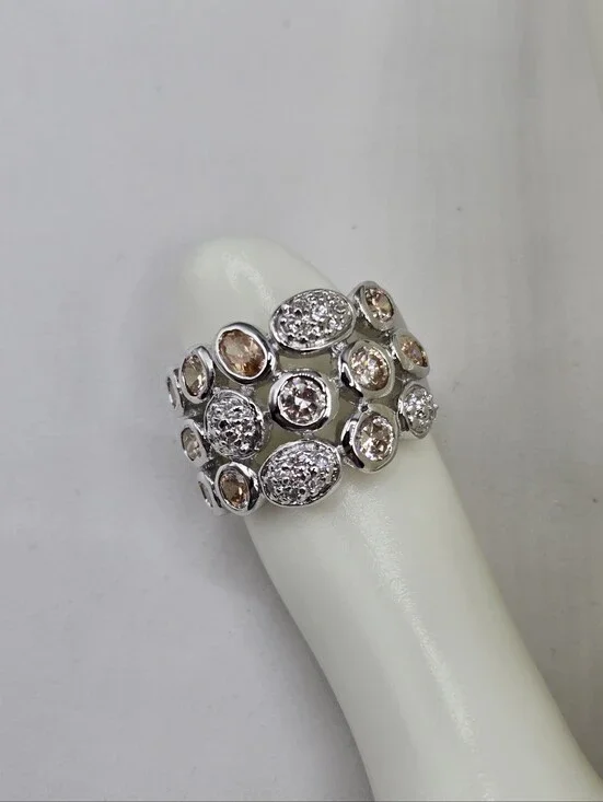 Swarovski Crystal Elements Silver Statement Ring Champagne Size 7 Wide Band