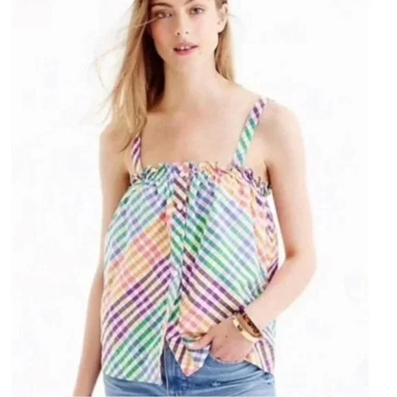 J CREW Multicolor Plaid‎ Gingham Sleeveless Square neck Top  - 4P