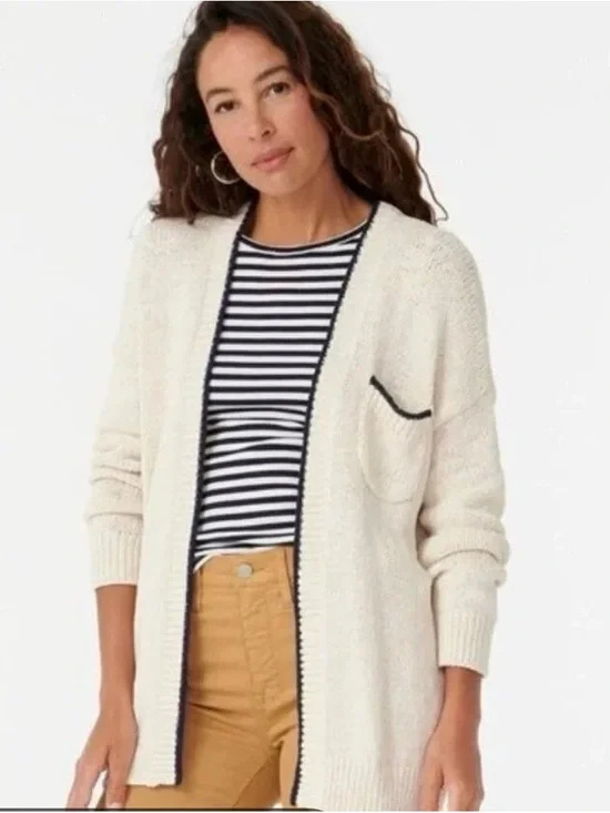 J. Crew Black Label Cream Open-Front Pocket Cardigan Sweater Size L
