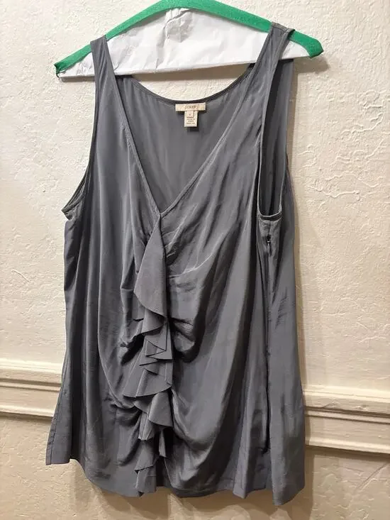 J.Crew 100% Silk Ruffle Cascade Front Tank Top Size 6 Gray Sleeveless V-Neck
