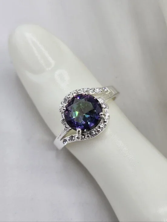 Swarovski Crystal Elements Silver Statement Ring Mystic Purple Size 8.5 Halo