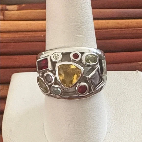 Lia Sophia Silver Multi-Stone Ring Yellow Center and Red & Green Accents Size 9