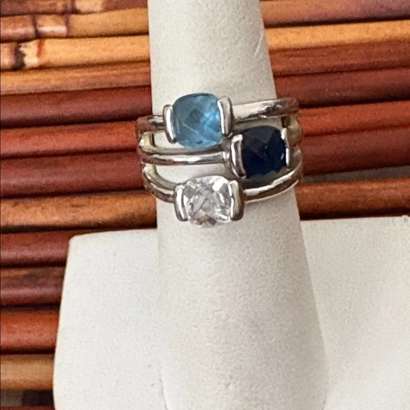 Lia Sophia Silver Ring with Aqua and Navy Stones Size 6