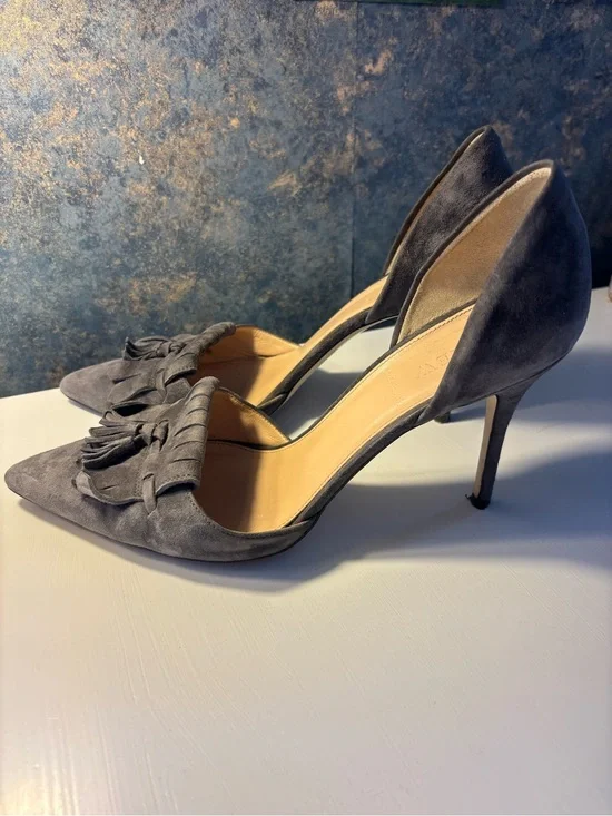 J. Crew Gray Suede D'Orsay Pointed-Toe Heels with Bow