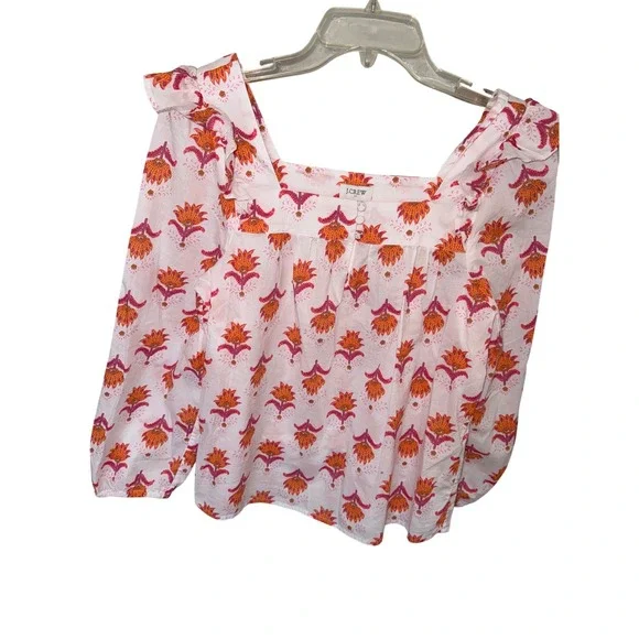 J. Crew Cotton Square‎ Neck Ruffle Top Size XS White Fresh Cantaloupe Womens
