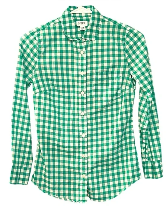J.Crew Green White Gingham Button-Down Shirt XXS Petite NWOT