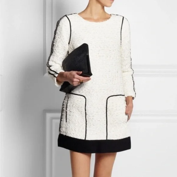 J. Crew Collection Cream Bouclé Shift‎ Dress with Black Trim  mod monochromatic
