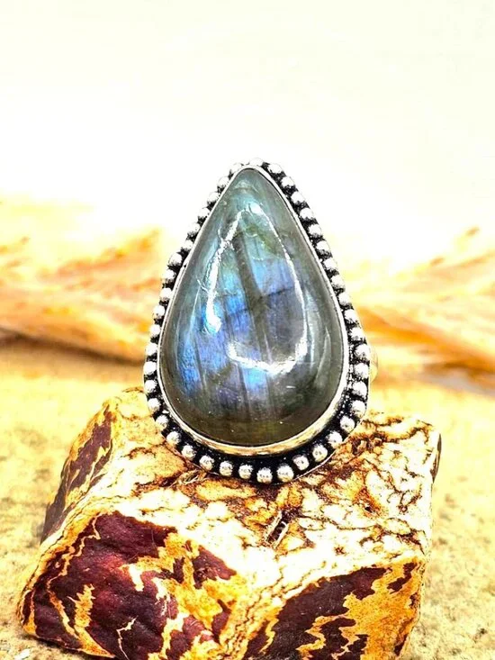Nature Labradorite Flashy Teardrop Ring ( Size 8.5)