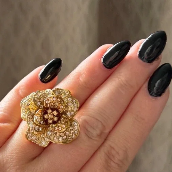 Vtg Joan Rivers Chunky Gold Pink Flower Ring Statement Cocktail Feminine Bold