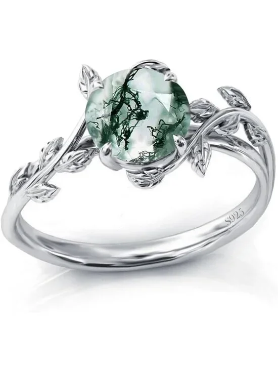Natural Moss Agate Engagement Ring in 925 Sterling Silver - Unique Women's