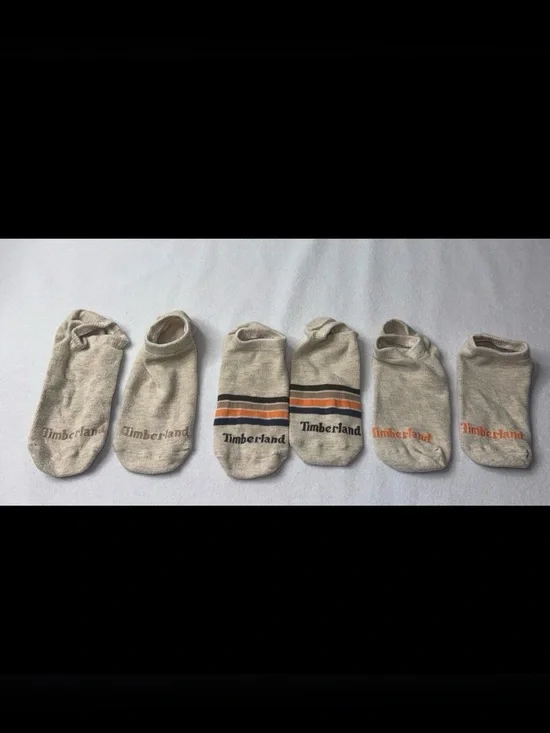 Timberland Men's Low-Cut No-Show Socks in Cream with Orange & Black Accents