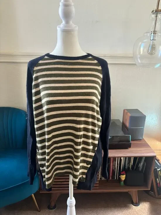 J.Crew Striped Wool Blend Sweater Medium Button Side Elbow Patch Navy Green