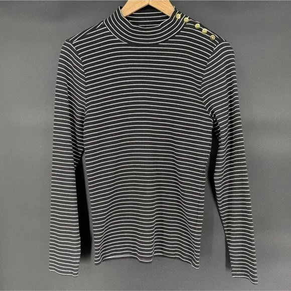 J. Crew Womens Striped Mockneck Top M Black White Preppy Nautical Professional