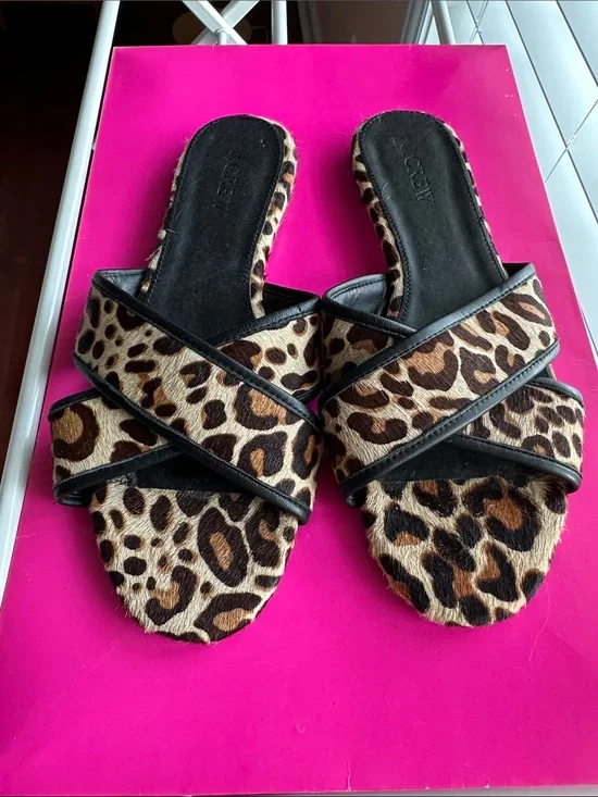 J. Crew Leopard-Print Cross Strap Slide Sandals in Tan and Brown