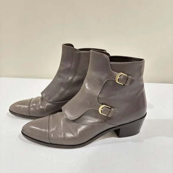 J Crew Leather Ankle Booties Gold Buckles Taupe Gray Women  8.5 Italy Equestrian