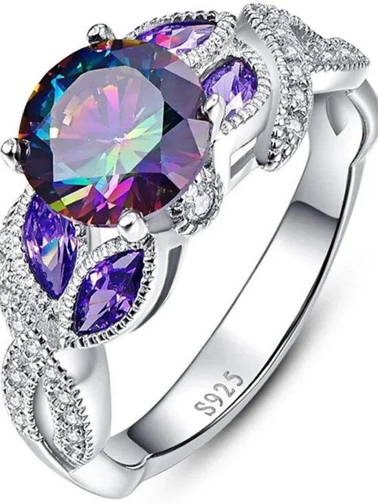 Stunning 3.6ct Rainbow Topaz & Sapphire Sterling Silver Ring | Bezel Set Fashion