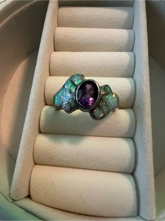 Navajo African Amethyst and Fire Opal Sterling Silver Vintage Ring