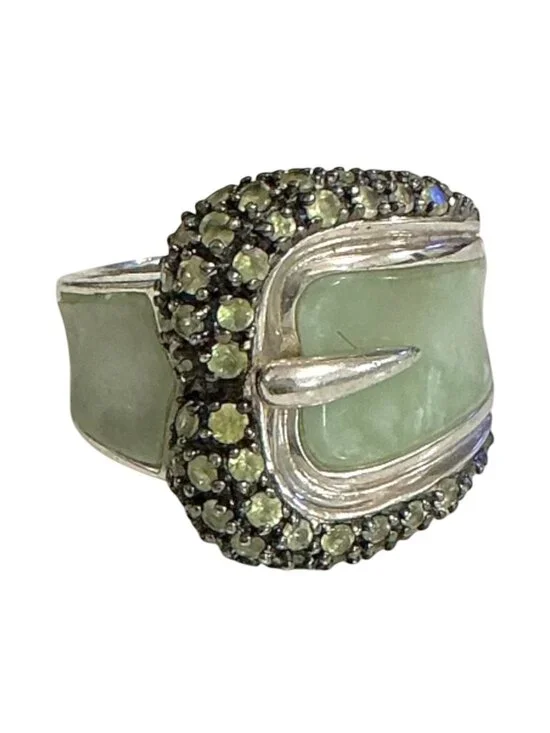Vintage Sterling Silver Jade Belt Buckle Ring Signed R 925 Size 7.75 10 Grams