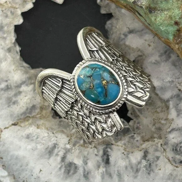Sterling Silver Southwestern Style Copper Turquoise Wing Ring Size 7 For Women