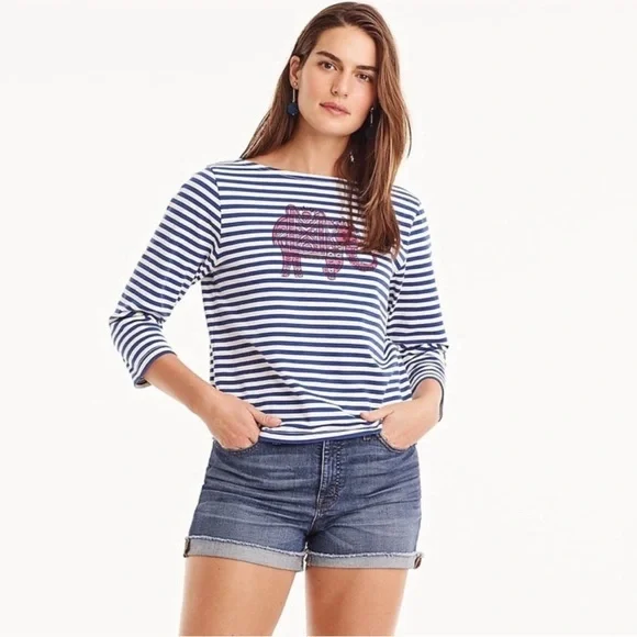 J. CREW Blockprints Striped Elephant Print Tee 3/4 Sleeve Top Shirt Blue Small