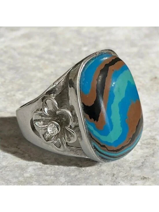 Blue Cassilica Stone Ring Size 8.75 With Floral Accents Silver Tone Jewelry