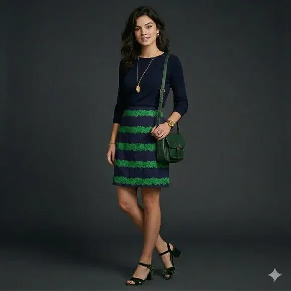 J.Crew 100% Silk Pleated Mini Skirt 10 Navy Green Floral Quiet Luxury Career