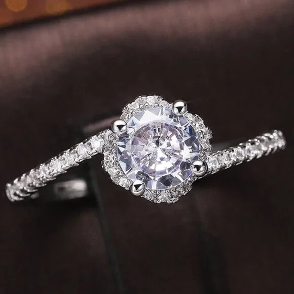 😍Beautiful CZ Diamond Twisted Macro Pave Silver Pure Flower Wedding Ring, K844