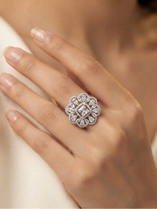 Royal Bloom American Diamond Cocktail Ring | Floral Halo Statement Ring