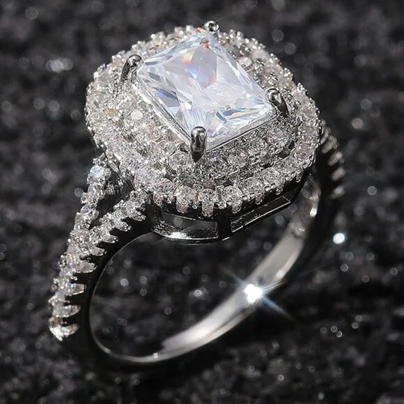 😍DOUBLE LAYER 14K WHITE GOLD RADIANT CUT PURE CZ LUXURY WEDDING RING, K856