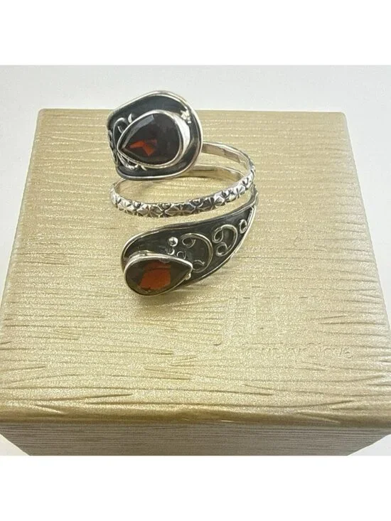 JTV Sterling Silver Ring Garnet Red Bypass Wrap 925 Adjustable Sz 9-11