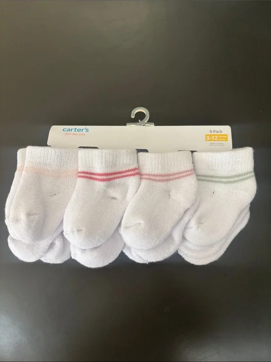 Carter's White Baby Sock Set with Pink, Peach and Green Stripes - 8 Pack