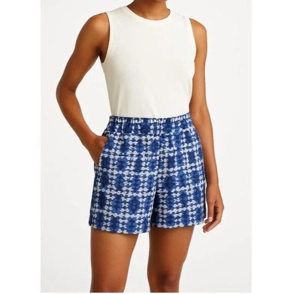 J Crew Women Boardwalk Elastic Pull On Shorts  Geometrc Multi Blue LINEN BLEND 2