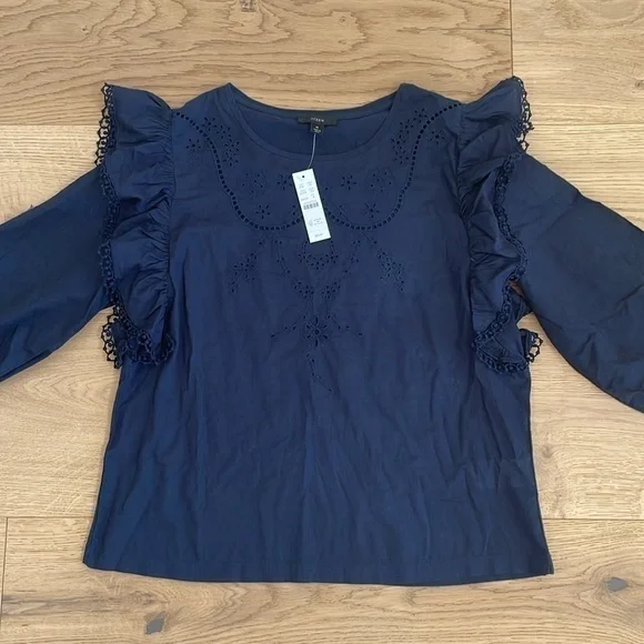 J.Crew Navy Embroidered Eyelet Ruffle Blouse Medium NWT