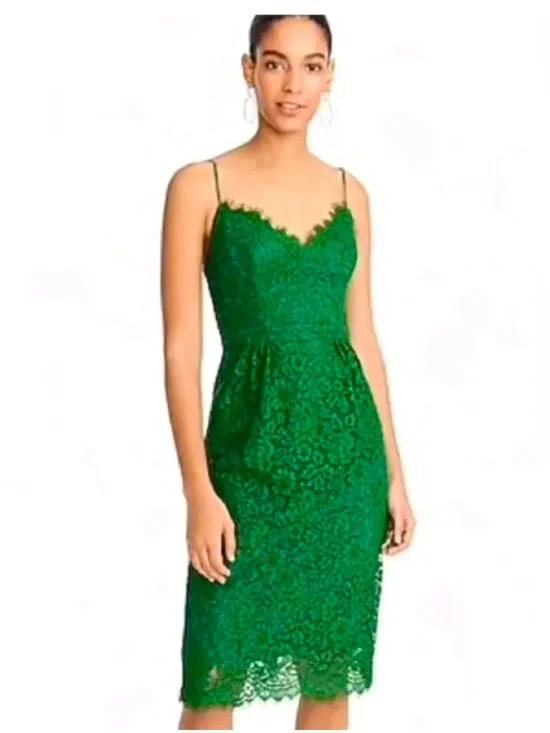 J. Crew Emerald Green Lace Midi Dress with Spaghetti Straps