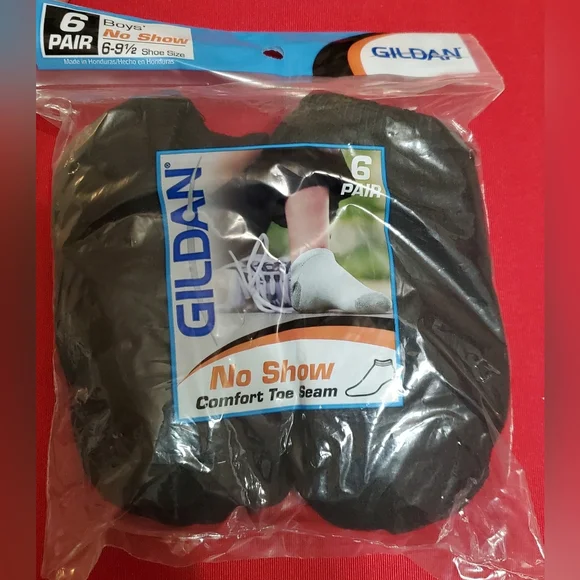 6pairs Gildan‎ Boys’ comfort toe seam black No show socks fits shoe size 6-9.5