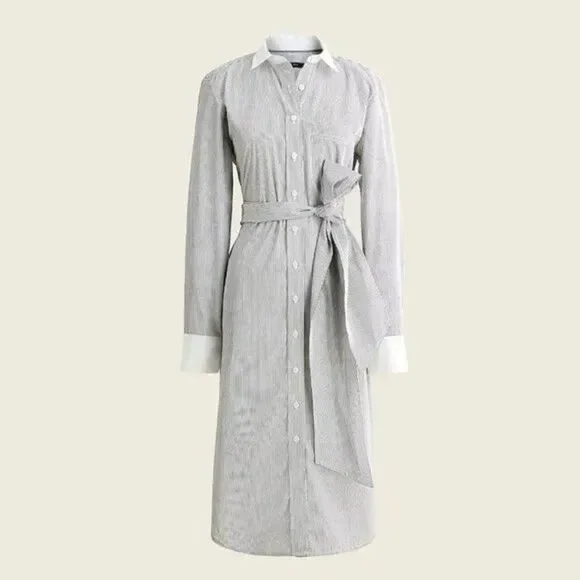 J.Crew 100% Cotton Poplin Classic-Fit Pin Stripe Sash Belt Shirt-Dress 6