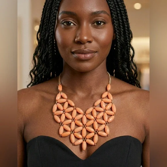 J. Crew Necklace, Orange-Pink Acrylic Bead Necklace, Gold Tone Chain
