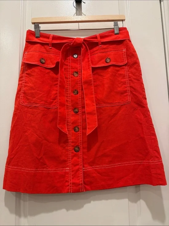 J. Crew Bright Red Button-Front Belted A-Line Skirt