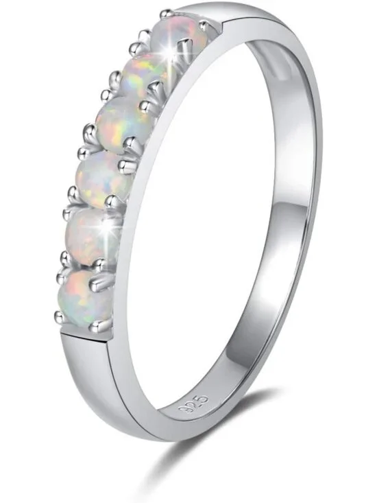 Stunning Opal Ring in Sterling Silver | 6 Stone Engagement & Eternity Band, Size