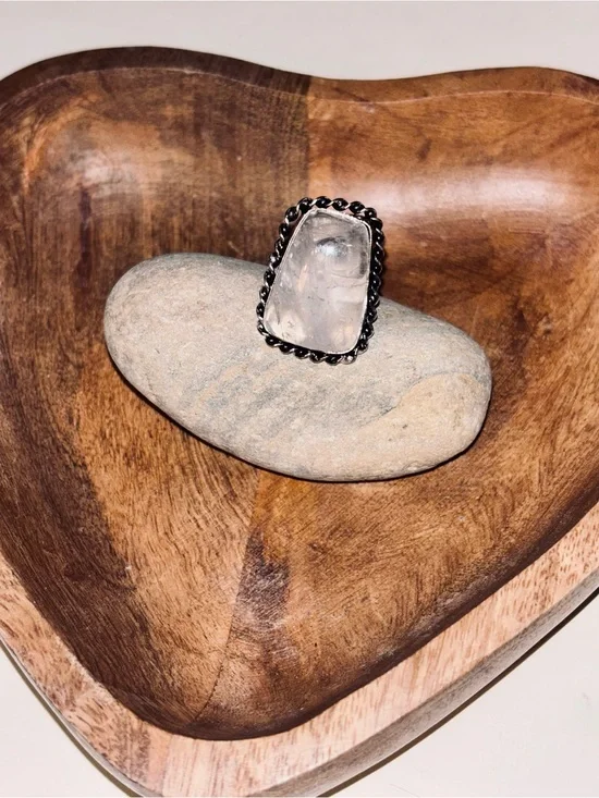 Celestial Veil Quartz Statement Ring Sterling Silver Plated Size 6