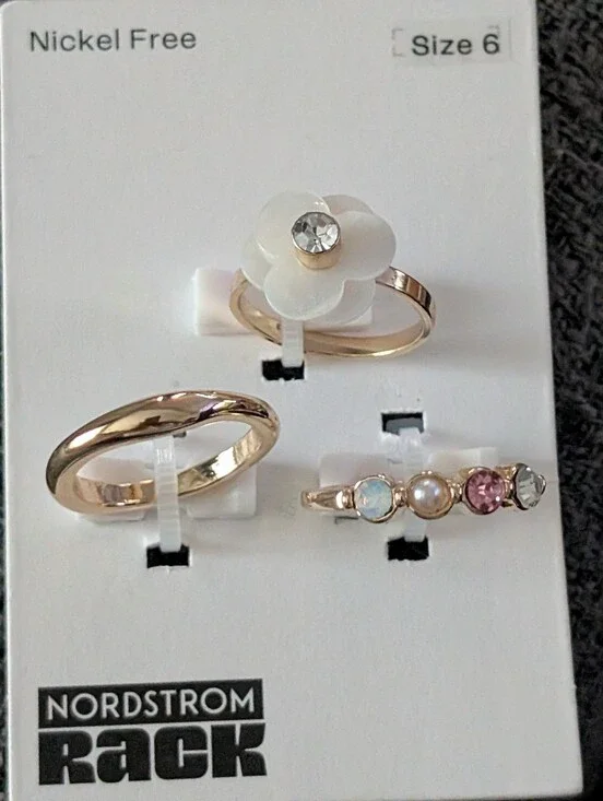 Nordstrom Gold-Tone Floral & Multi-Gem Ring Trio — White, Pink, Pearl