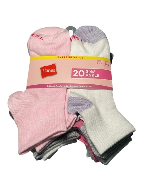 Hanes Girls 20-Pack Ankle Socks Size Large (Shoe Size 4-10) NWT